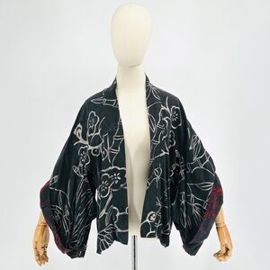 RARE 100% SILK Black White Red Floral Short Kimono Jacket
